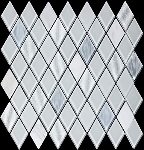 Diamond Shape Glass Stone Mosaic Tile White Marble Art Deco Mosaic (Size: 10.9410.942.36 inch)