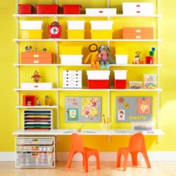 elfa wall mounted shelves and kids desk