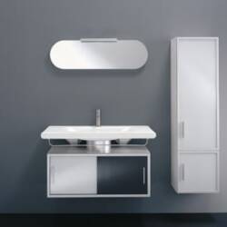 A black and white bathroom vanity with a mirror on it.
