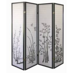 The ORE International Black 4-Panel Bamboo Floral Room Divider Screen