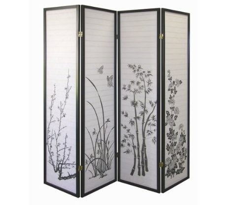 The ORE International Black 4-Panel Bamboo Floral Room Divider Screen
