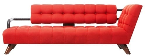 red tufted midcentury loveseat
