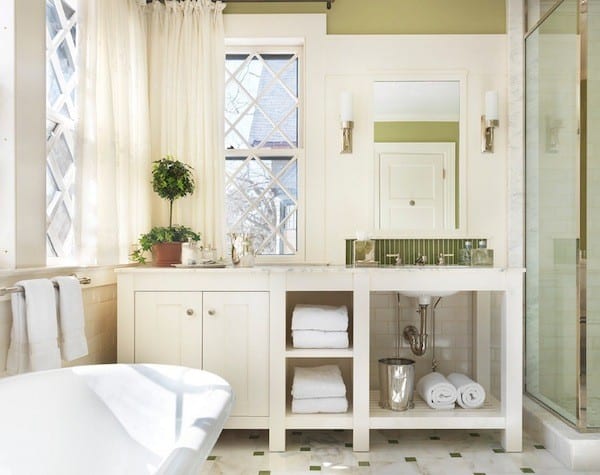 open shelving under bathroom sink