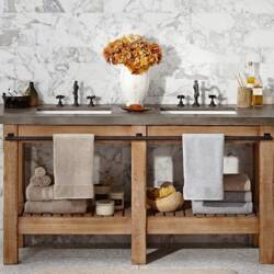 rustic double sink made of concrete and pine