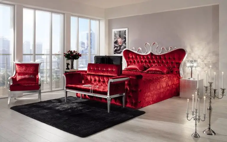 red upholstered bed with hidden TV Stand