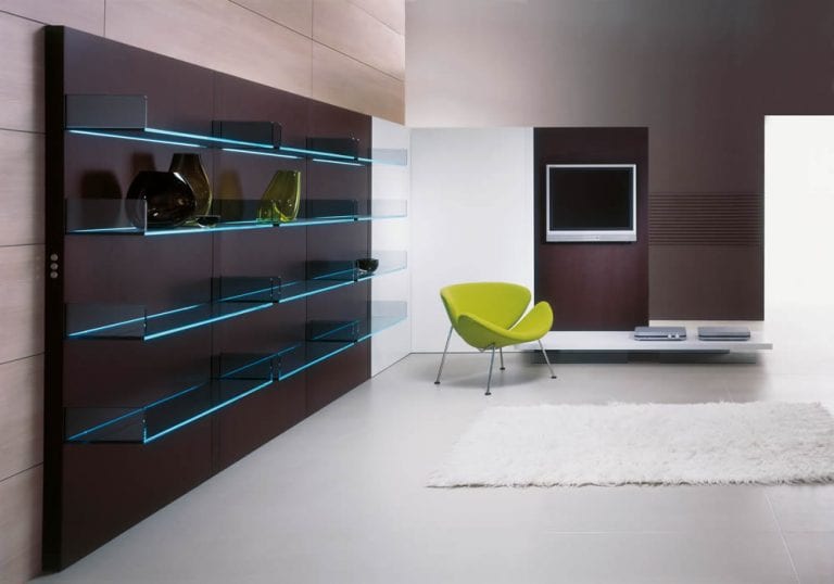 Living Room Design with Lighted Shelving