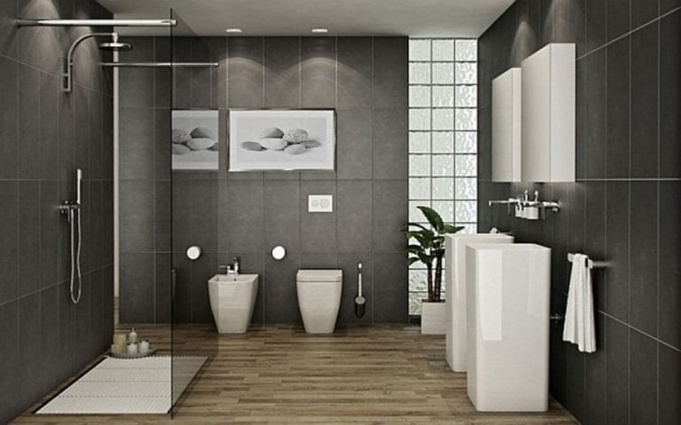 modern bathroom with stone dark wall tiles