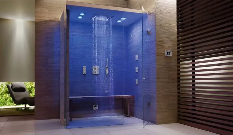 glass shower stall with bench