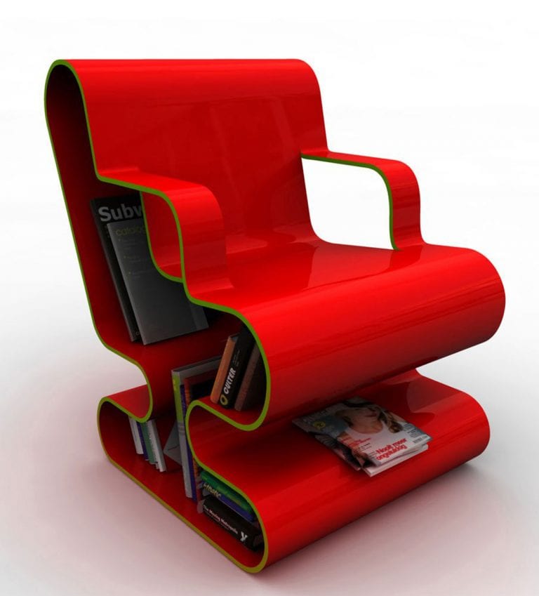 custom red reading chair with book storage