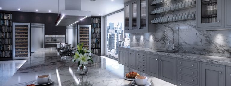 Designer Kitchen with Marble and Stainless Appliances