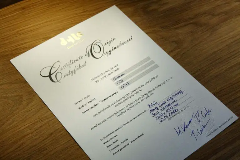 Dyle Bespoke Dining Table Certificate